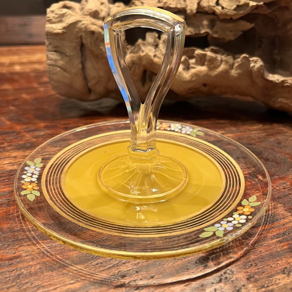 Vintage Westmoreland Yellow Glass Serving Tray Floral Design & Handle